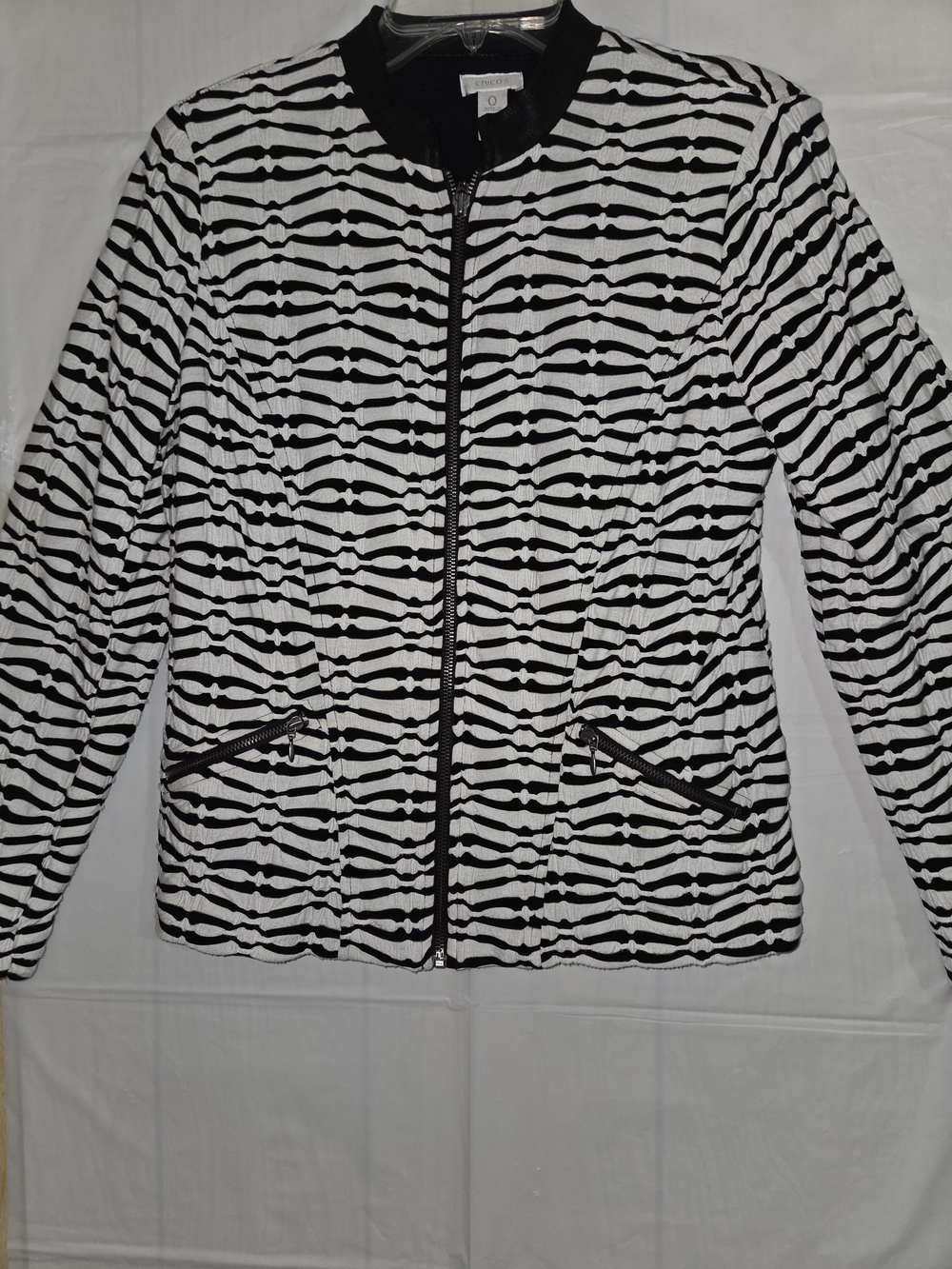 Chico's Black and White Patterned Bomber Jacket